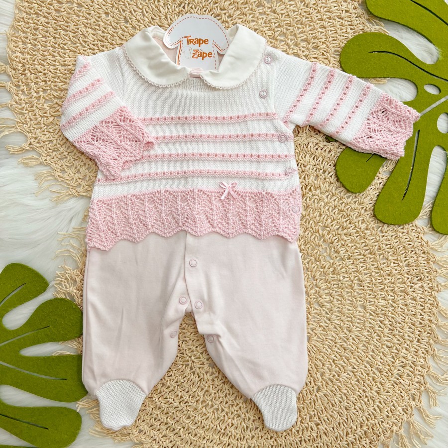 Macacão Beth Bebê de malha com tricot Listrinhas - Rosa